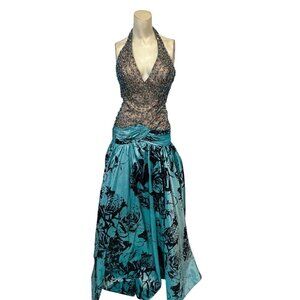Tony Bowls Blue Halter Beaded Bodice Satin Skirt Evening Gown Formal Dress NWT
